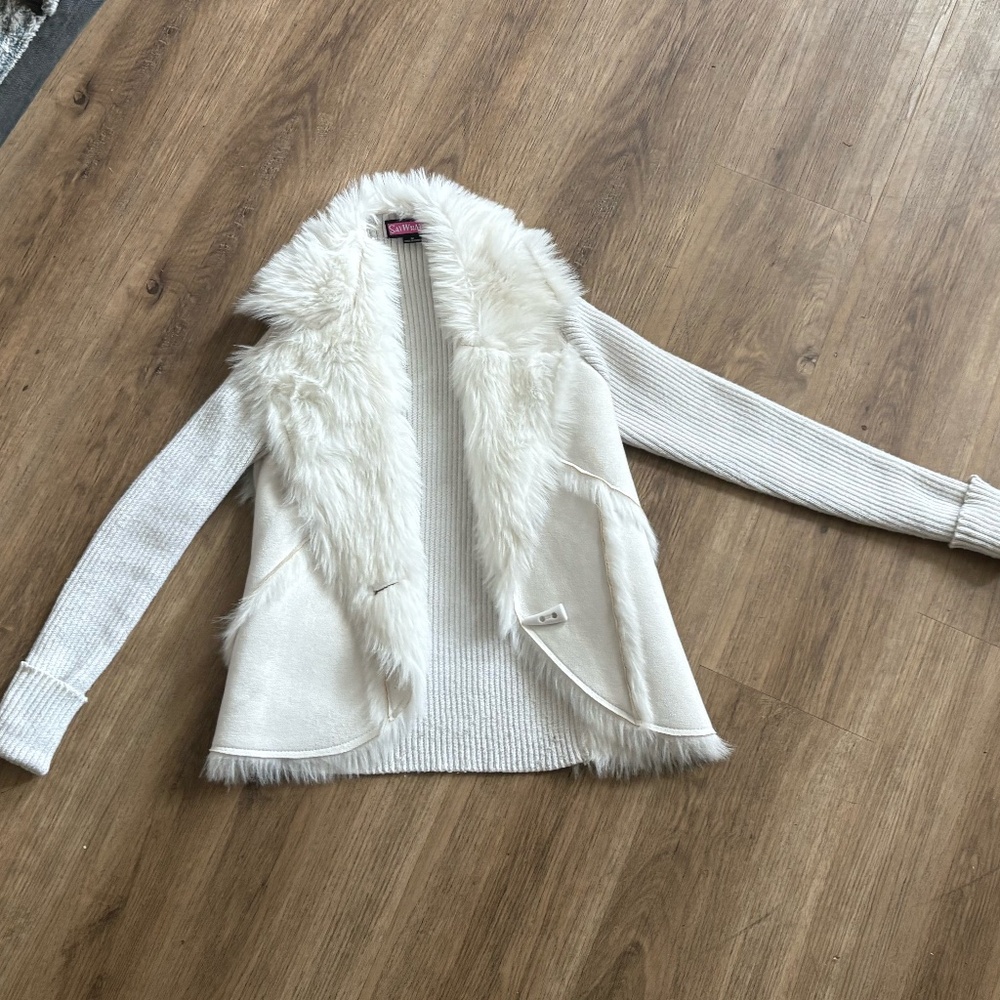 Off White Sweater Jacket With Shearling Collar - image 2